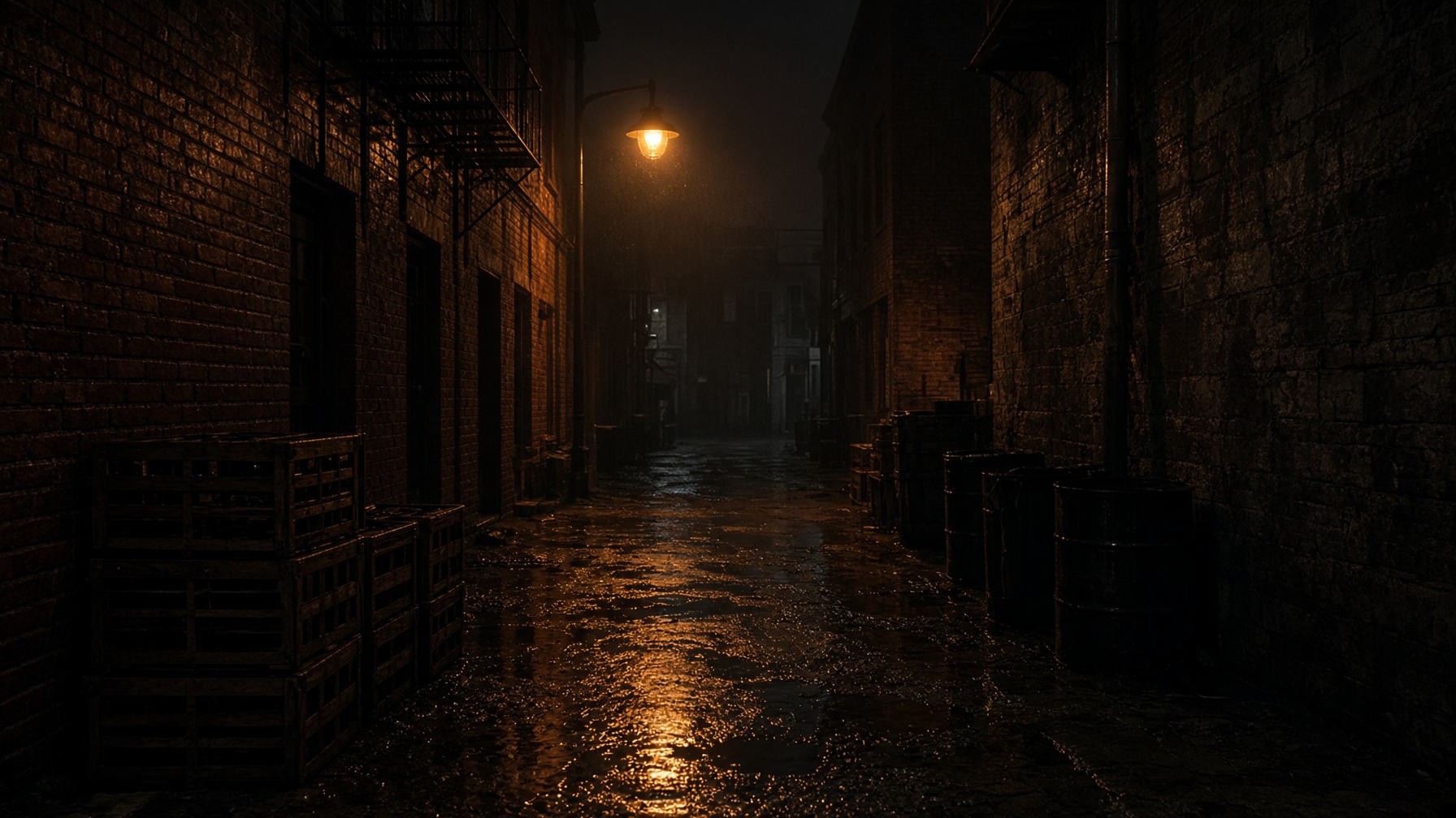 Rain-slick alley behind a small-town tavern at night