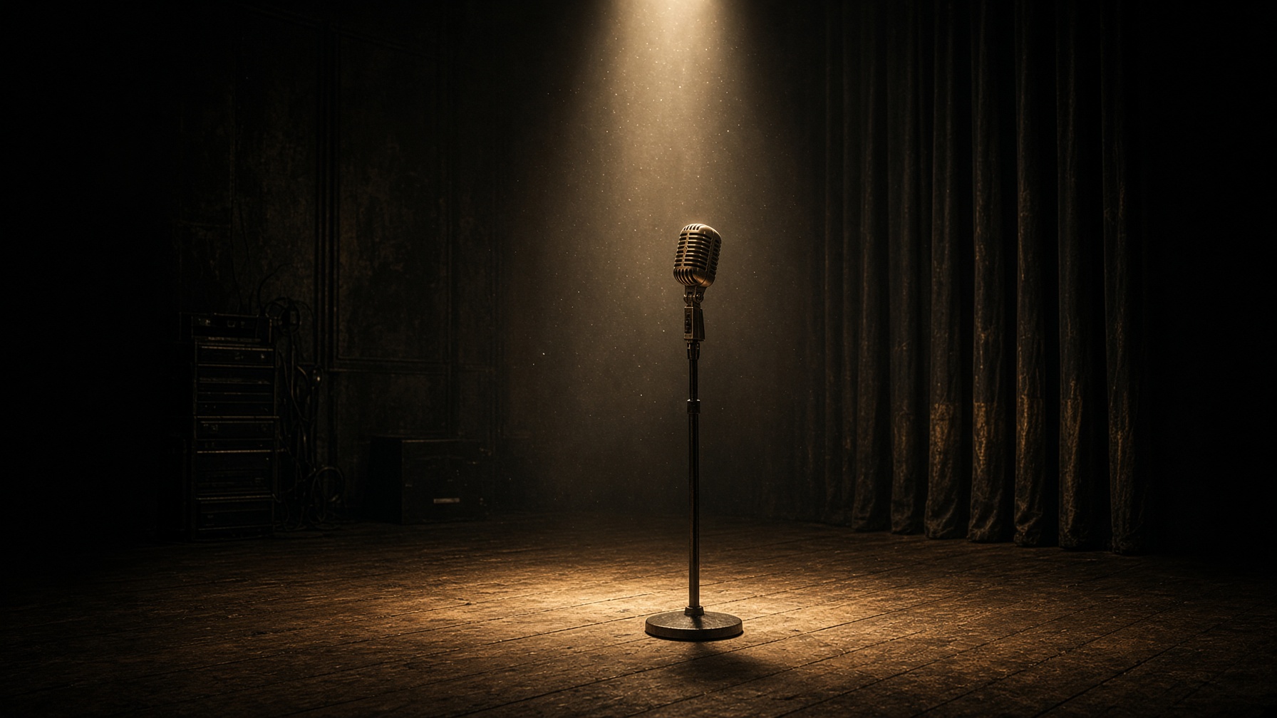 Empty vintage stage and microphone in a single spotlight